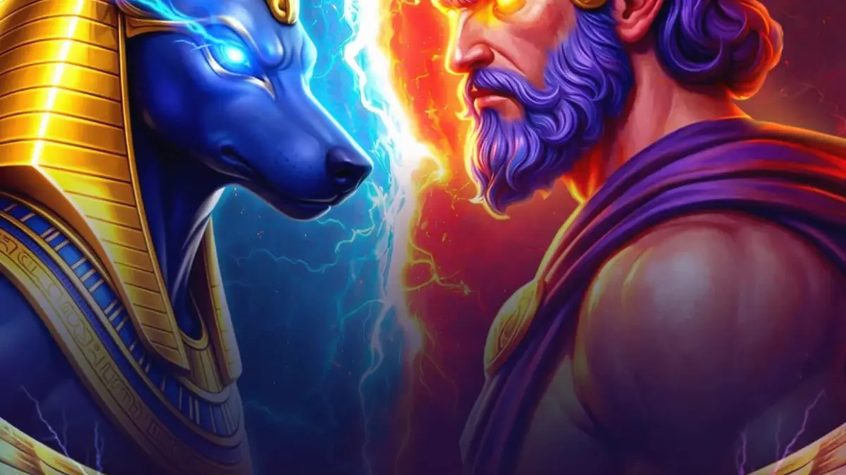 Visual megah dari dua dewa Anubis dan Hades dalam slot Clash of Gods