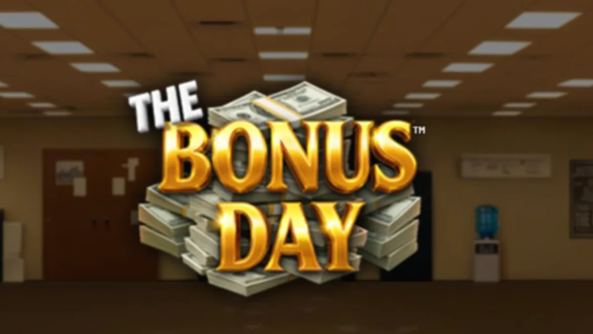 Tampilan visual slot The Bonus Day dengan tema kantor yang penuh warna
