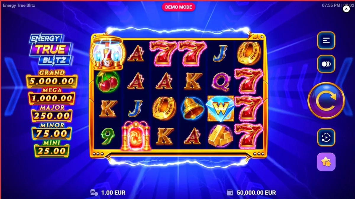 Tampilan visual neon dan simbol elektrik pada slot Energy True Blitz