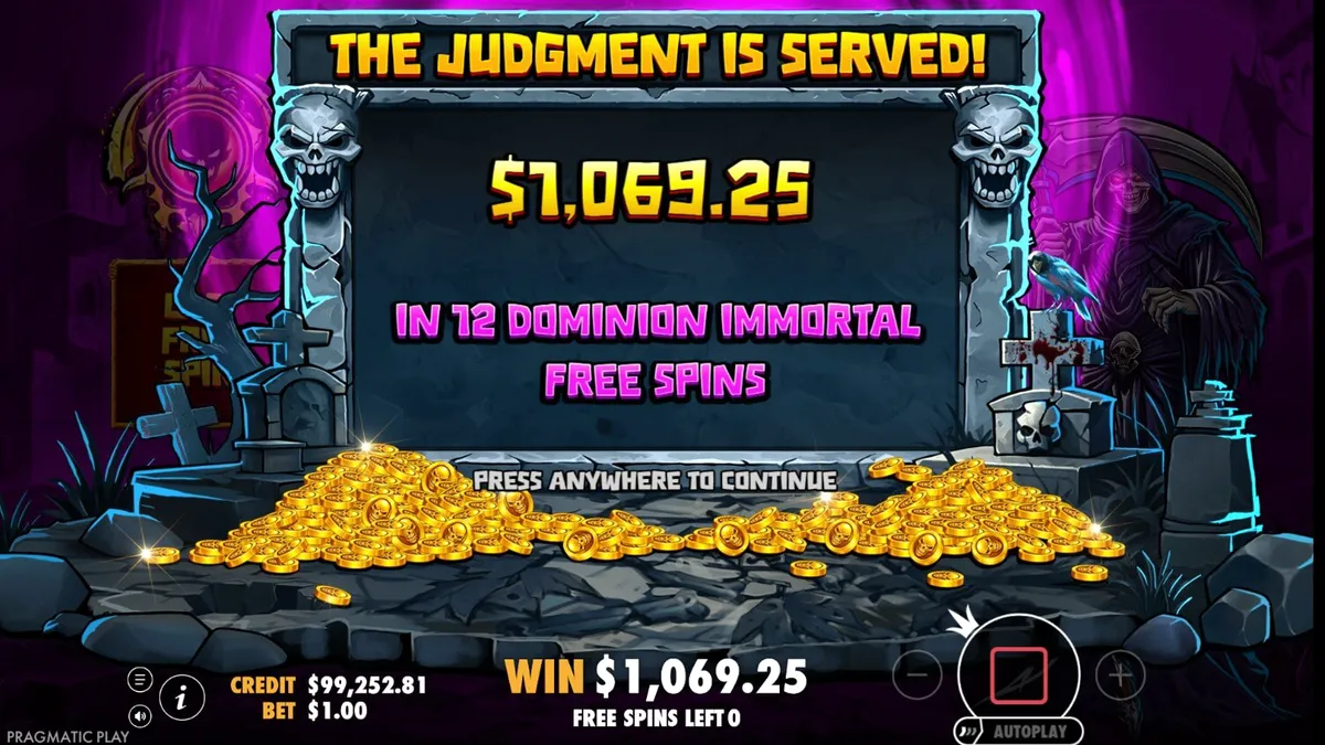 Tampilan visual slot Death Dominion dengan tema horor gotik dan simbol-simbol mistis