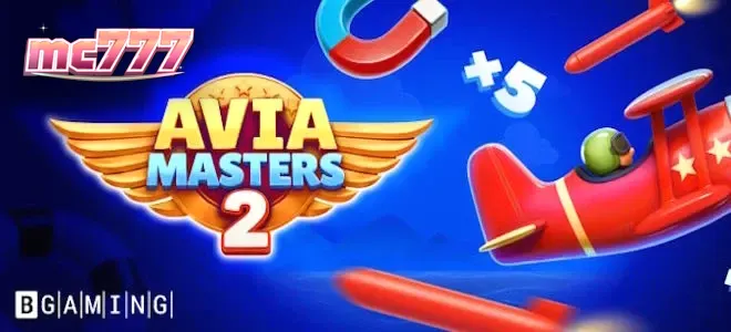 Tampilan layar permainan Aviamasters 2 dengan elemen visual penerbangan malam hari.